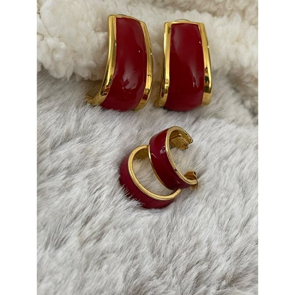 Vintage Avon Gold Tone Red Enamel Semi-Hoop Earrings - 2 Pairs - Picture 1 of 12